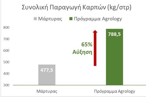 Εικόνα 1. Συνολική Παραγωγή Καρπών (Kg/στρ). Με την εφαρμογή του Προγράμματος Agrology, επιτεύχθηκε αύξηση της συνολικής παραγωγής κατά 3.645 kg/στρ (+86%), συγκριτικά με τον Μάρτυρα.